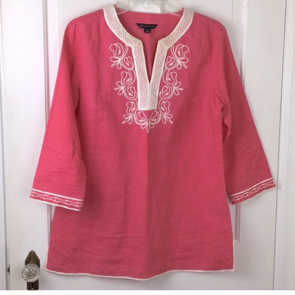 Brooks Brothers Pink and White Embroidered Linen long Sleeve Tunic Top Sz S